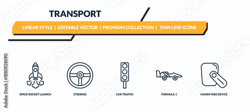 transport icons set - space rocket launch, steering, car traffic, formula 1, hands free device outline vector collection.