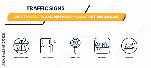 traffic signs icons set - end motorway, gas station, speed limit, caravan, no video outline vector collection.