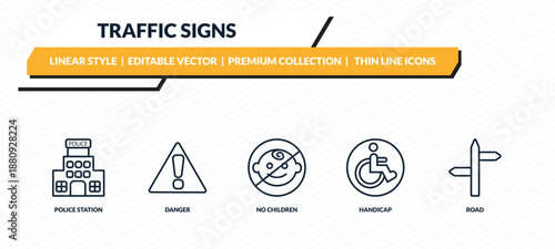 traffic signs icons set - police station, danger, no children, handicap, road outline vector collection.