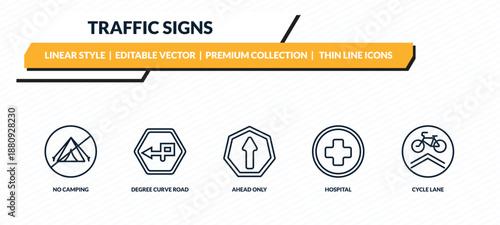 traffic signs icons set - no camping, degree curve road, ahead only, hospital, cycle lane outline vector collection.