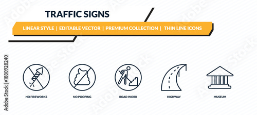 traffic signs icons set - no fireworks, no pooping, road work, highway, museum outline vector collection.