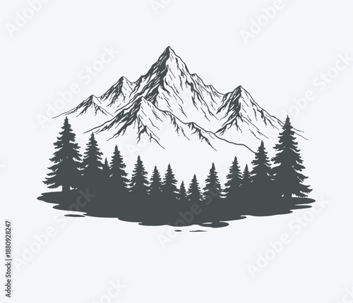 Snowy mountain peak with pine trees forest landscape