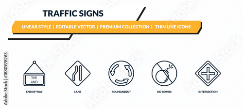 traffic signs icons set - end of way, lane, roundabout, no bombs, intersection outline vector collection.