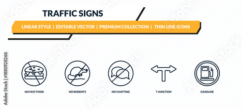traffic signs icons set - no fast food, no rodents, no chatting, t junction, gasoline outline vector collection.