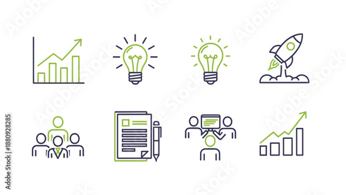 A concise collection of line icons with green and blue accents representing startup concepts, business growth, and teamwork.