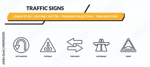 traffic signs icons set - left hair pin, pothole, two ways, motorway, hump outline vector collection.
