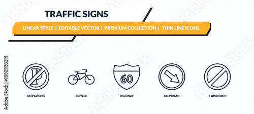 traffic signs icons set - no parking, bicycle, highway, keep right, forbidden outline vector collection.
