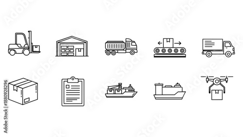 A comprehensive set of outlined icons illustrating various aspects of modern logistics and efficient delivery services.