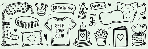 self-care and mental wellness doodle set, hand-drawn cozy icons including socks, breathing, rest signs, self-love elements, planner, pills, plants, and books for mindfulness and relaxation.