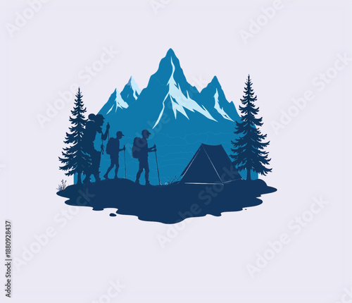 Mountain landscape with tent and trees in silhouette