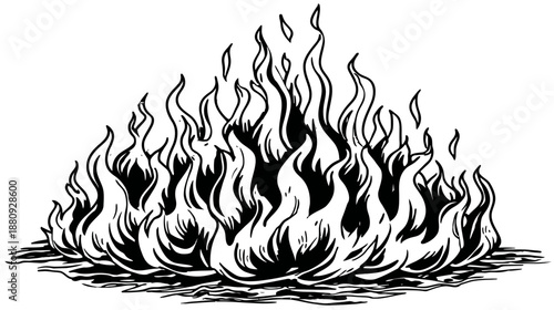 Black and white hand drawn fire flames illustration. Vintage graphic element of burning bonfire, campfire, heat, energy, and warmth sketch.