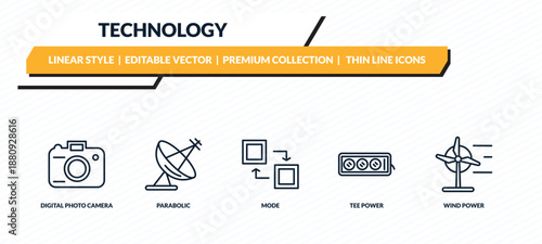technology icons set - digital photo camera, parabolic, mode, tee power, wind power outline vector collection.