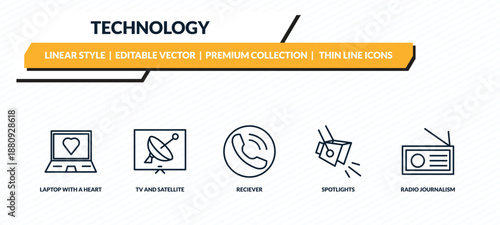 technology icons set - laptop with a heart, tv and satellite, reciever, spotlights, radio journalism outline vector collection.