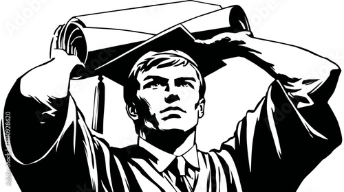 Proud young graduate student holding a diploma scroll, looking up with aspiration and success after academic achievement