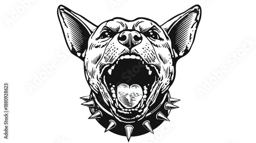 Angry Growling Dog Head Illustration with Spiked Collar in Vintage Black and White Vector Style, Ferocious Canine Mascot