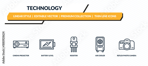 technology icons set - cinema projector, battery level, resistor, air cooler, reflex photo camera outline vector collection.