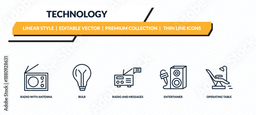 technology icons set - radio with antenna, bulb, radio and messages, entertainer, operating table outline vector collection.