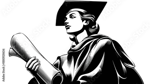 Black and white illustration of a confident graduate in cap and gown, holding a diploma, symbolizing academic success and future achievement.