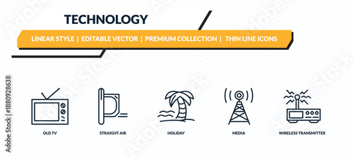 technology icons set - old tv, straight air, holiday, media, wireless transmitter outline vector collection.