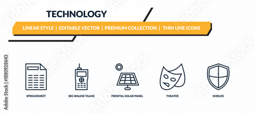 technology icons set - spreadsheet, big walkie talkie, frontal solar panel, theater, shields outline vector collection.