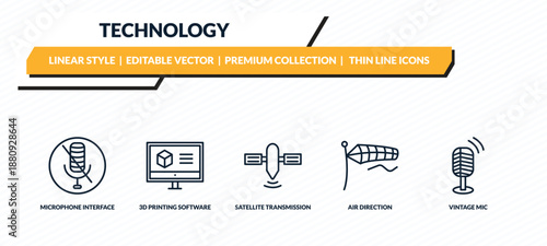 technology icons set - microphone interface, 3d printing software, satellite transmission, air direction, vintage mic outline vector collection.