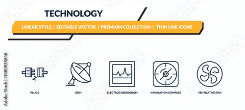 technology icons set - plugs, dish, electrocardiogram line, navigation compass, ventilating fan outline vector collection.