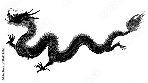 Intricate black and white illustration of a majestic East Asian dragon, a powerful mythological creature