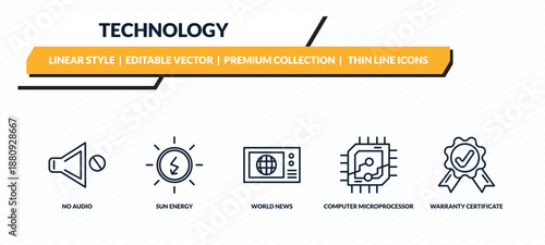 technology icons set - no audio, sun energy, world news, computer microprocessor, warranty certificate outline vector collection.
