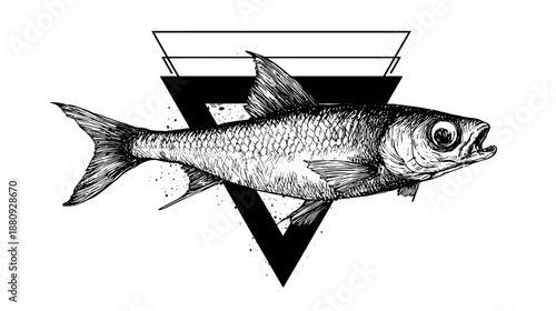Intricate black and white fish illustration with geometric triangle and lines. Hand-drawn vintage sketch style graphic design.