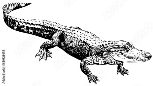 Alligator illustration, vintage engraving style, black and white drawing of a predatory reptile, wetland swamp animal.
