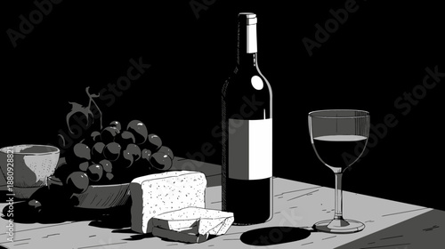 Elegant black and white still life with a wine bottle, glass of red wine, artisan cheese, and fresh grapes, showcasing classic dining.