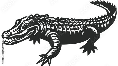 Vintage style alligator illustration, detailed monochrome artwork of a large predatory reptile, aggressive wild animal.