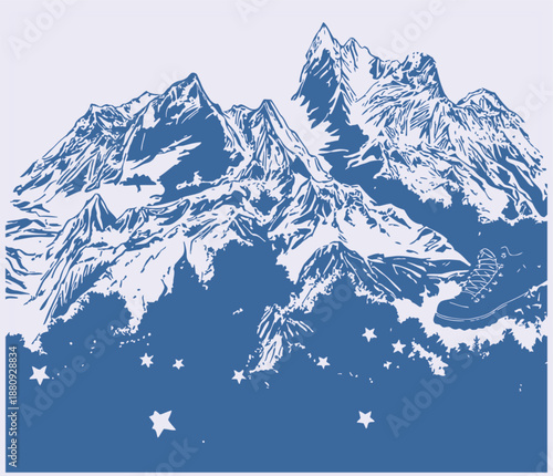 Snowy mountain range with stars in the night sky