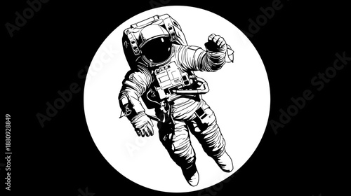 Detailed black and white illustration of a solo astronaut in a spacesuit gracefully floating in the vastness of outer space, cosmic adventure graphic.
