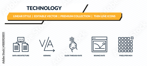 technology icons set - data architecture, kerning, click through rate, bounce rate, pixels per inch outline vector collection.