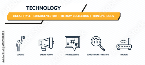 technology icons set - leading, call to action, microblogging, search engine marketing, routers outline vector collection.