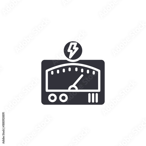 Analog voltmeter gauge icon with lightning symbol representing voltage measurement, electrical monitoring device, power control, and engineering equipment.