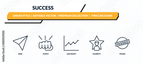 success icons set - send, punch, line graph, celebrity, passed outline vector collection.