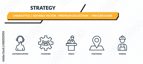 strategy icons set - customer support, teamwork, speech, positioning, worker outline vector collection.
