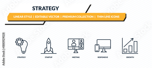 strategy icons set - strategy, startup, meeting, responsive, growth outline vector collection.