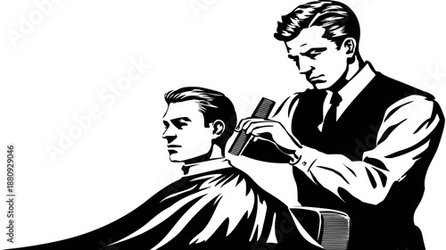 Vintage Barbershop Scene Illustration: Professional Male Barber Giving a Classic Haircut to a Client. Men's Grooming Service.