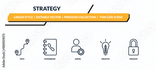 strategy icons set - path, phonebook, admin, creative, padlock outline vector collection.