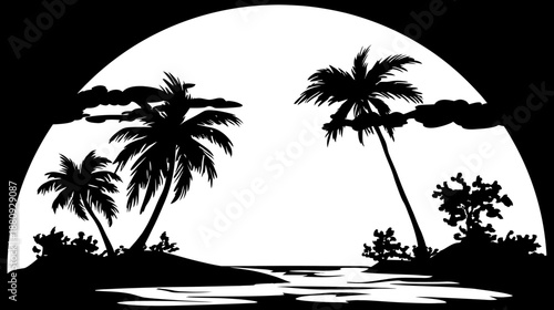 Tropical beach sunset silhouette with palm trees, ocean, and island. Serene graphic landscape design element.