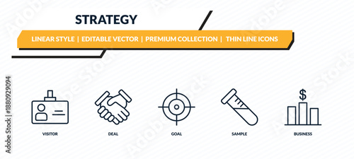 strategy icons set - visitor, deal, goal, sample, business outline vector collection.