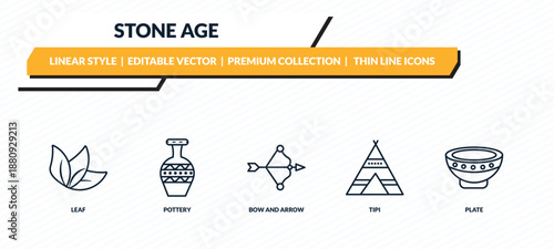 stone age icons set - leaf, pottery, bow and arrow, tipi, plate outline vector collection.