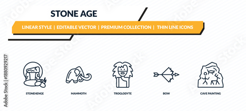 stone age icons set - stonehenge, mammoth, troglodyte, bow, cave painting outline vector collection.