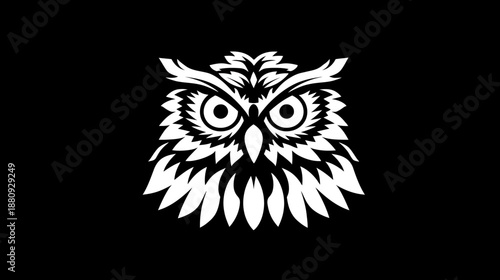 Striking white owl head illustration against a black background, symbolizing wisdom, intelligence, and nocturnal nature. Graphic design.