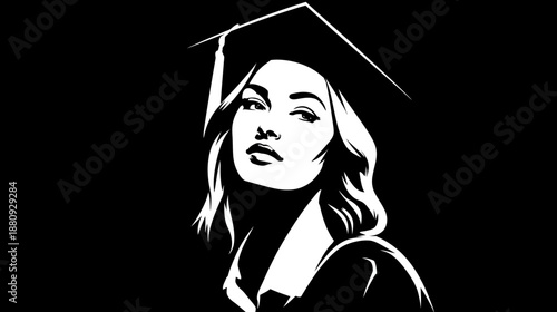 Confident female graduate student in cap and gown, striking black and white vector illustration for academic achievement and education success