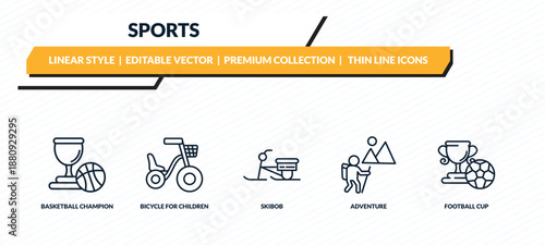sports icons set - basketball champion, bicycle for children, skibob, adventure, football cup outline vector collection.