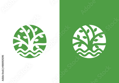 Nature-themed line art logo vector design, oak tree inside a circle with a water symbol inside, abstract tree logo symbol inside a circle. logo protecting the natural ecosystem